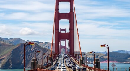 Golden Gate Bridge a famous landmark in San Francisco California with traffic on a sunny day