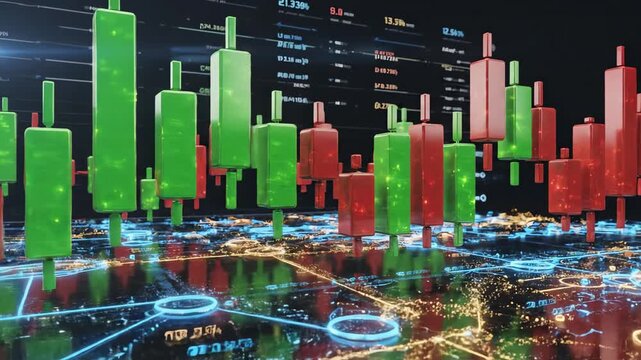 Abstract motion graphics animation of complex 3D geometric forms seamlessly transforming into interconnected financial chart candlestick patterns and data visualization, algorithmic trading