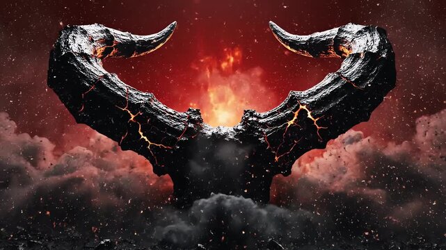 Abstract motion graphics displaying black, textured mist and swirling snow forming the jagged silhouette of monstrous horns against a deep, crimson background evoking evil mythology blacksmoke, black