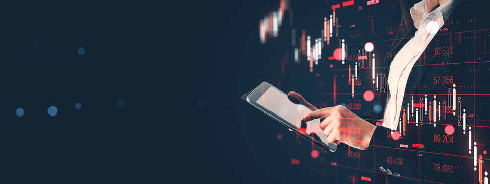 Businesswoman using tablet with stock market chart overlay on dark background for financial analysis and digital investment presentation template.