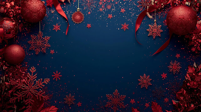 Festive Holiday Ornament Border: A captivating arrangement of red ornaments and snowflakes adorns a deep blue backdrop, creating a captivating festive border that radiates warmth and joy.