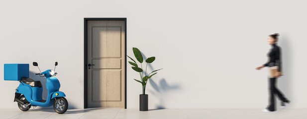 Blue delivery scooter near wooden door with potted plant, blurred woman walking past on light minimal background.