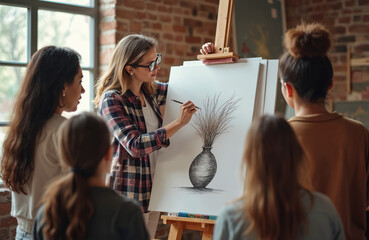 Young woman art teacher drawing still life on canvas. Diverse students watch sketch vase, dry grass in bright studio. Creative people learn painting, develop artistic skills. Group art class for