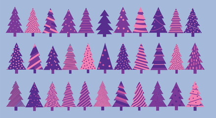 A vibrant collection of stylized Christmas trees in shades of purple and pink with varied patterns, creating a cheerful and modern holiday background.