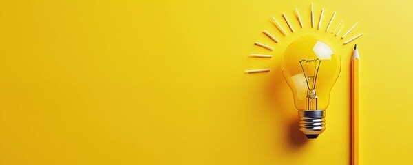 Bright yellow light bulb idea with pencil on matching background. Concept of creativity innovation and education. Illustration about new insights solutions and imagination for business or study.