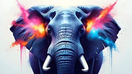 A majestic elephant with vibrant, colorful bursts emanating from its ears, creating a captivating and surreal image against a clean white backdrop