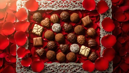 “Rich assorted truffles on deep red cloth with warm festive glow and premium chocolate presentation.”
