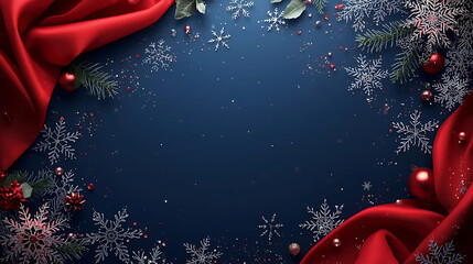 Festive Winter Decoration: A beautifully arranged holiday scene, featuring elegant snowflakes, a vibrant red satin fabric, and twinkling ornaments, perfect for seasonal greetings.