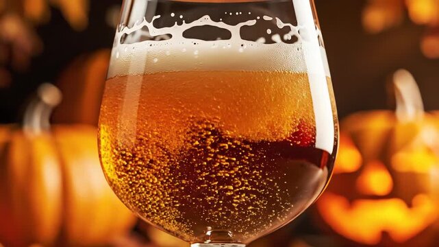 Abstract stylized animation of golden effervescent bubbles rising in a glass of ale with soft blurred orange pumpkin shapes in the deep background texture, visual, template