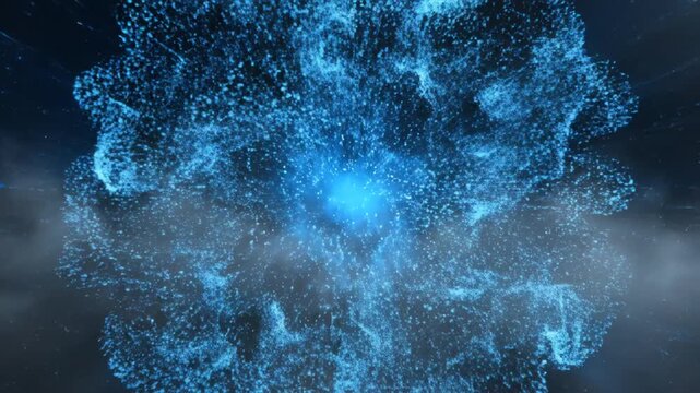 Abstract swarm of luminous blue digital particles rapidly coalescing and dispersing within a dense atmospheric fog environment system, internet, sci-fi