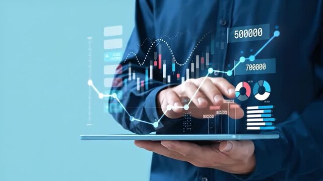 Data Visualization and Analysis: A person holds a digital tablet displaying interactive financial data visualization, a metaphor of investment and business growth. 