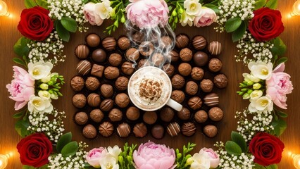 “Warm gourmet truffle display with steaming bowl centerpiece, elegant chocolate arrangement and soft light.”
