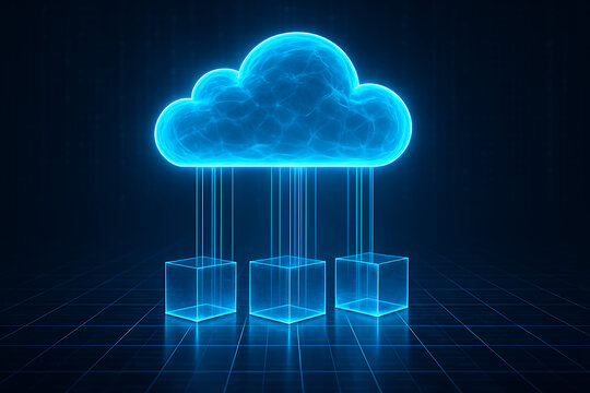 Blue glowing futuristic cloud computing server concept representing decentralized data storage network and digital connectivity over dark cyberspace background for business and technology solutions