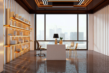 Modern office interior with luxury furniture, city skyline view, and warm lighting design elements in a creative business environment. 3D Rendering