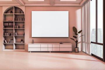 Blank canvas mockup on wall in modern light living room with bookcase, plant, and city view through large window in bright interior setting. 3D Rendering