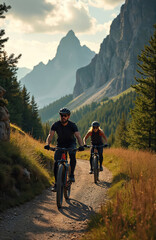 Fototapeta premium Man and woman ride mountain bikes on dirt path through forest. Couple enjoys cycling adventure in rocky mountain landscape. Active outdoor sport and recreation on summer day.