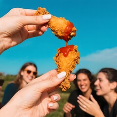 4k high quality Ai generative HD photo realistic menu selling restaurant eat dish snack food deep fried chicken nugget mushroom dory spicy sauce holding hand dipped friends gathering group together