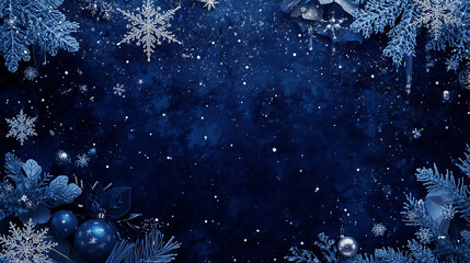 Winter Wonderland Aesthetic: A festive assortment of frosty elements, including shimmering ornaments and intricately designed snowflakes, forms a captivating border against a dark blue canvas.