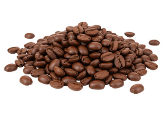 Freshly roasted deep reddish-brown, chocolate-toned coffee beans with oily sheen and clefts, piled and scattered on a transparent studio background with copy space, concept for premium coffee