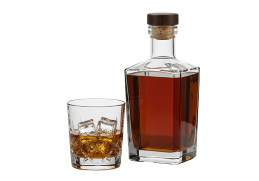Elegant clear glass whiskey bottle and faceted tumbler with golden-brown whiskey, square ice cubes on transparent studio background with copy space, concept for premium beverage advertising
