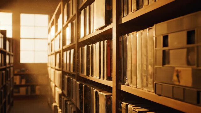 Atmospheric slow pan across sunlit dusty shelves in a closed vintage rental store, highlighting generic VHS tapes catching warm golden hour light warm, light, time