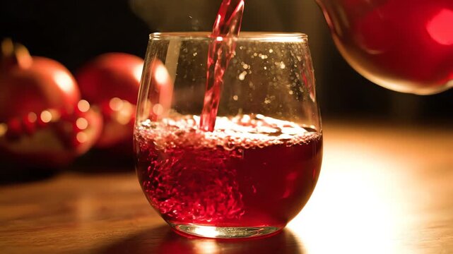 Backlit cinematic shot of fresh antioxidant pomegranate juice being carefully poured from a glass carafe into a sleek drinking glass creating warm highlights refreshing, smooth, morning