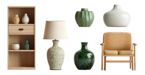 Stylish Home Decor Arrangement with Vases, Lamp, and Chair on Transparent Background