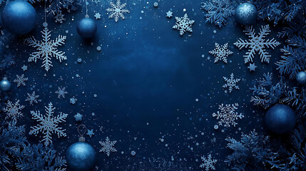 Enchanting Winter: Intricate snowflakes and elegant ornaments dance together on a cool, captivating blue backdrop. A scene filled with holiday cheer.