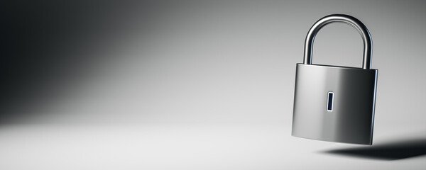 Silver padlock symbolizing data protection and cybersecurity on clean abstract background with copy space for banner or poster template design. 3D Rendering