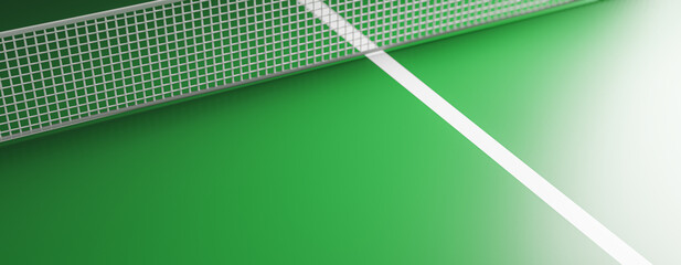 Obraz premium Green table tennis court with white line and net, rendered with soft lighting on an isolated background. Nobody is present in the scene. 3D Rendering
