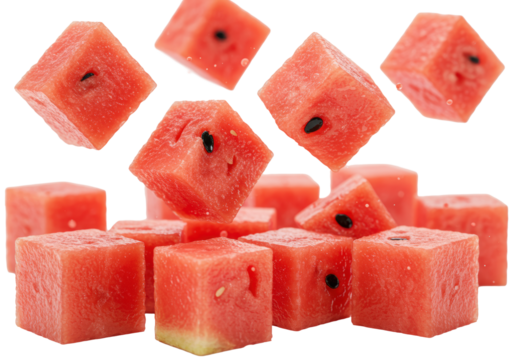 Perfectly diced, vibrant, juicy, deep red watermelon cubes glistening with moisture, suspended in mid-air against a transparent background, concept of refreshing health