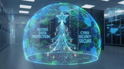 Christmas cyber security concept with digital tree and festive data protection in secure server room environment