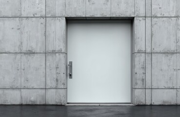 Minimalist photo of building entrance. White door set within concrete facade. Modern architecture. Industrial design element. Grey wall with door handle. Urban construction concept. Exterior view
