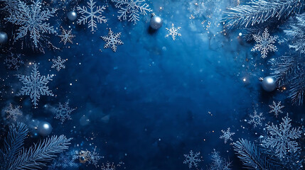 Winter Wonderland: A stunning display of shimmering snowflakes and delicate ornaments dances on a dark blue background, evoking the magic of the season.