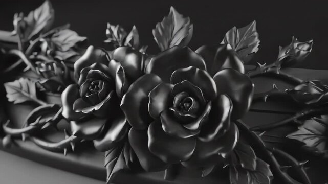 Cinematic close-up of a highly detailed 3D sculpted ornamental black rose border slowly panning and rotating with dramatic soft studio lighting depth, elegant, generated
