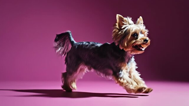 Cinematic close-up of a fluffy Yorkie bounding energetically across a vibrant magenta wall in high contrast studio lighting playful, magenta, jump