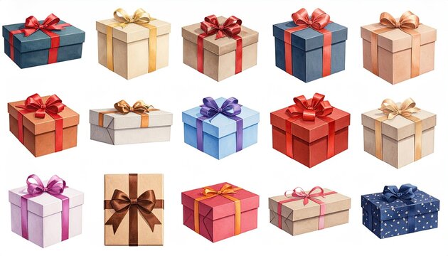 Assortment of colorful and festive gift boxes with ribbons and bows.