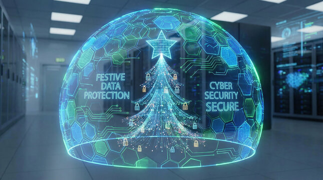 Christmas cyber security concept with digital tree and festive data protection in secure server room environment