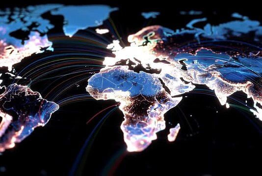 Global data connectivity visualization with glowing networks over stylized world map representation