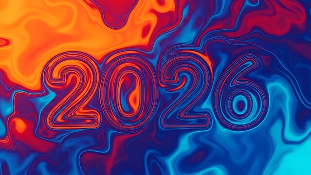Vibrant 2026 Celebration Backdrop in Bold Modern Colors and Swirling Abstract Design Elements for New Year Greetings and Futuristic Technology Announcements