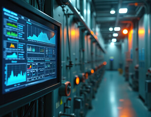 Industrial control cabinet shows digital screen with data graphs, analytics. Modern factory machinery corridor displays info. System monitors process flow, ensuring efficient operations, tech, smart