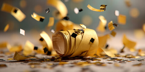 Fototapeta premium Golden Confetti Popper Unraveling with Shiny Black and Gold Bits Flying Around