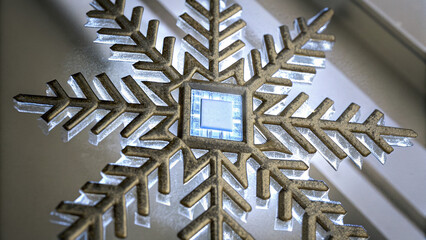Christmas cyber security concept with metallic snowflake and glowing microchip center symbolizing digital protection