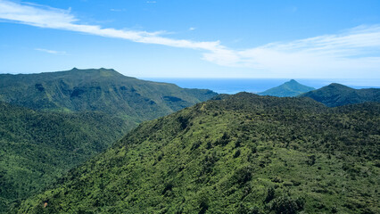 Naklejka premium A breathtaking aerial panoramic view of Black River Gorges National Park in Mauritius captured from a helicopter. The image showcases dense tropical forests, dramatic mountain landscapes, deep valleys