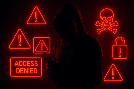 Silhouette of an unrecognizable male hacker with hood holding a smartphone surrounded by bright red neon symbols like access denied skull and crossbones and danger alerts