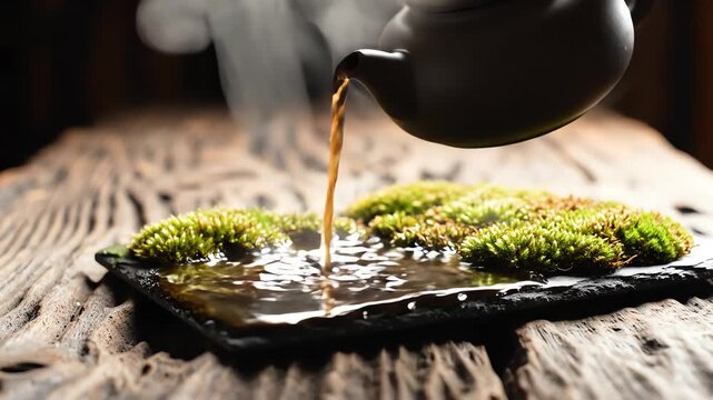 Cinematic dolly shot gliding across a rough-hewn wooden surface as a dark, unglazed Yixing clay teapot pours steaming dark tea onto a simple mossy slate tray antique, vintage aesthetic, clay teapot
