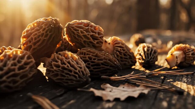 Cinematic dolly shot gliding over a cluster of freshly gathered morels bathed in warm golden hour light upon a dark, distressed wooden surface macro photography, golden hour, textured surface
