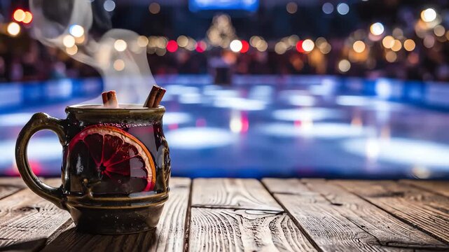 Cinematic dolly shot gliding past a rustic mug of steaming gl&uuml;hwein resting on an aged wooden surface against the vibrant reflections of an empty ice rink aged wooden surface, dolly shot, high quality