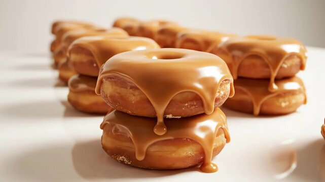Cinematic dolly shot moving horizontally past a perfectly arranged long row of glossy stacked vanilla-glazed donuts on a pristine white table pastry shop, sweet treat, advertising footage