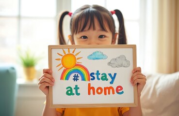 Cute young Asian girl with pigtails holds white board from home. Kid shows colorful stay at home message with rainbow, sun drawing. Child supports important home safety, public health advice indoors.